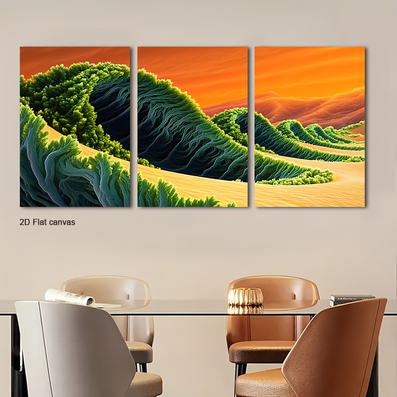 Canvas Wrap Ready - 3개 세트 그린 웨이브 테라이 추상